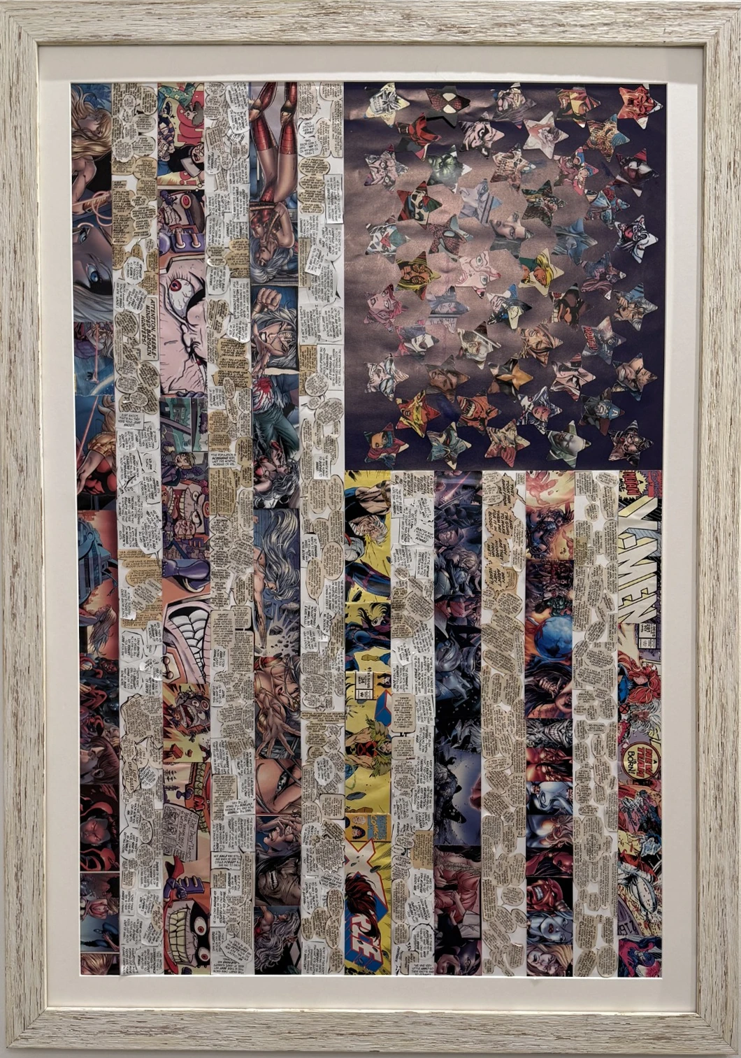 Vertical mixed-media collage of comic imagery, dialogue and stars