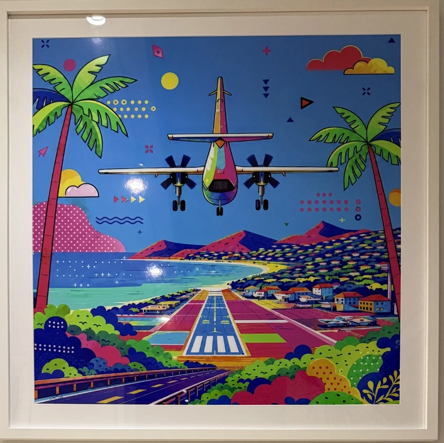 Bright blue tropical runway artwork with an airplane landing