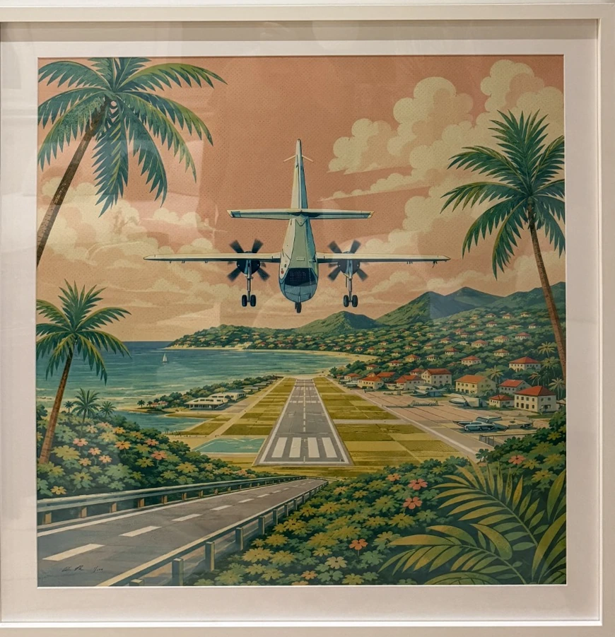 Pastel tropical runway artwork with a propeller aircraft approaching