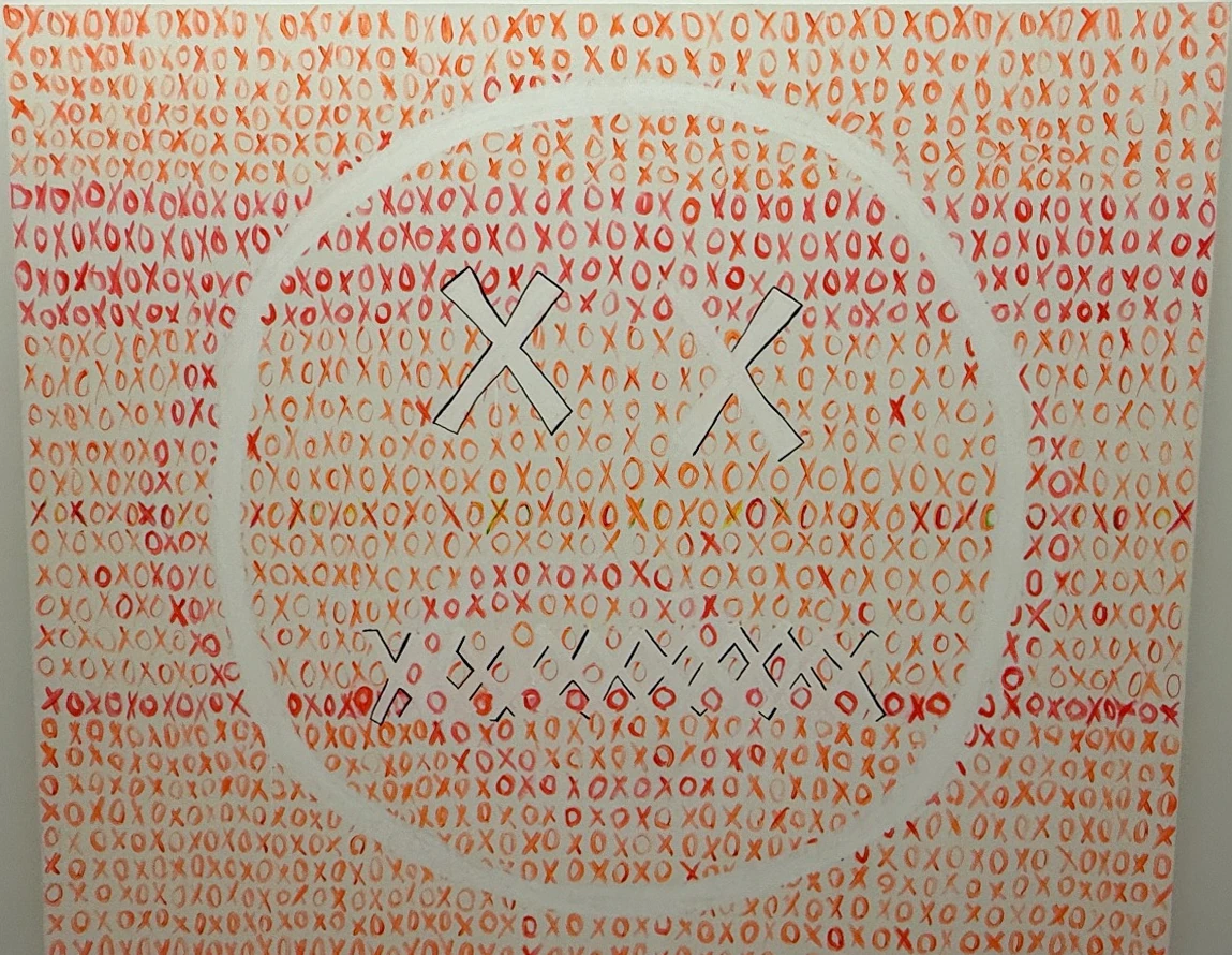 A large face motif composed of thousands of hand-painted orange X and O marks